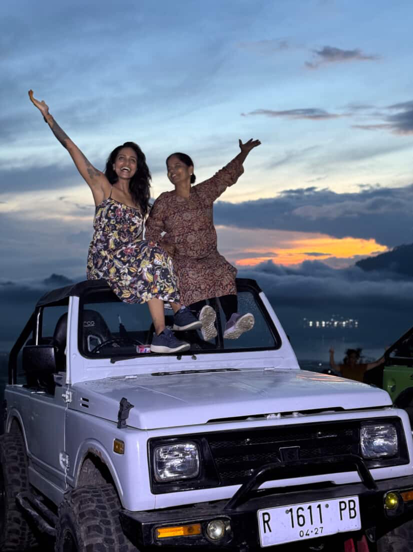 Guests standing on a jeep at sunrise in Bali