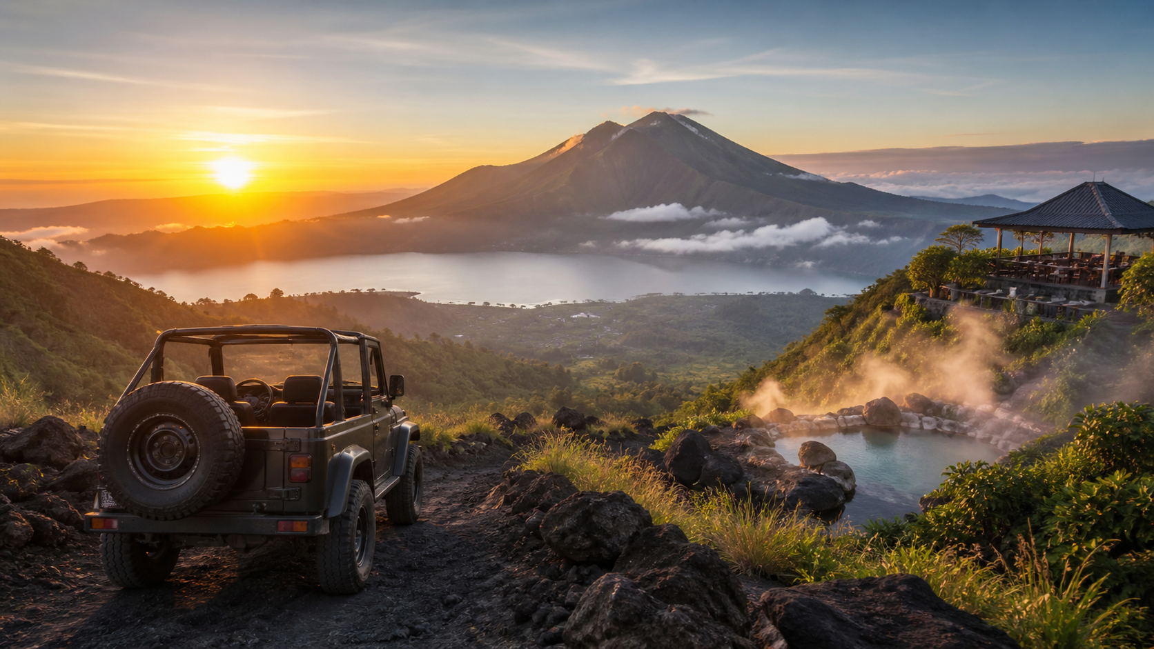 Mount Batur sunrise jeep tour with volcano, lake and hot springs