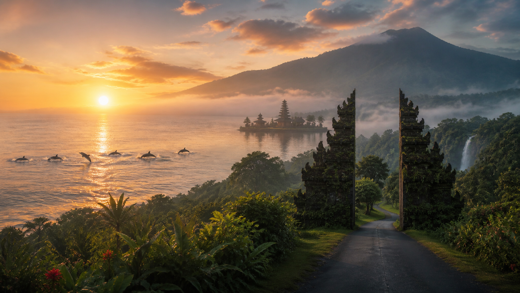 North Bali sunrise with dolphins, lake temple, gate and waterfall