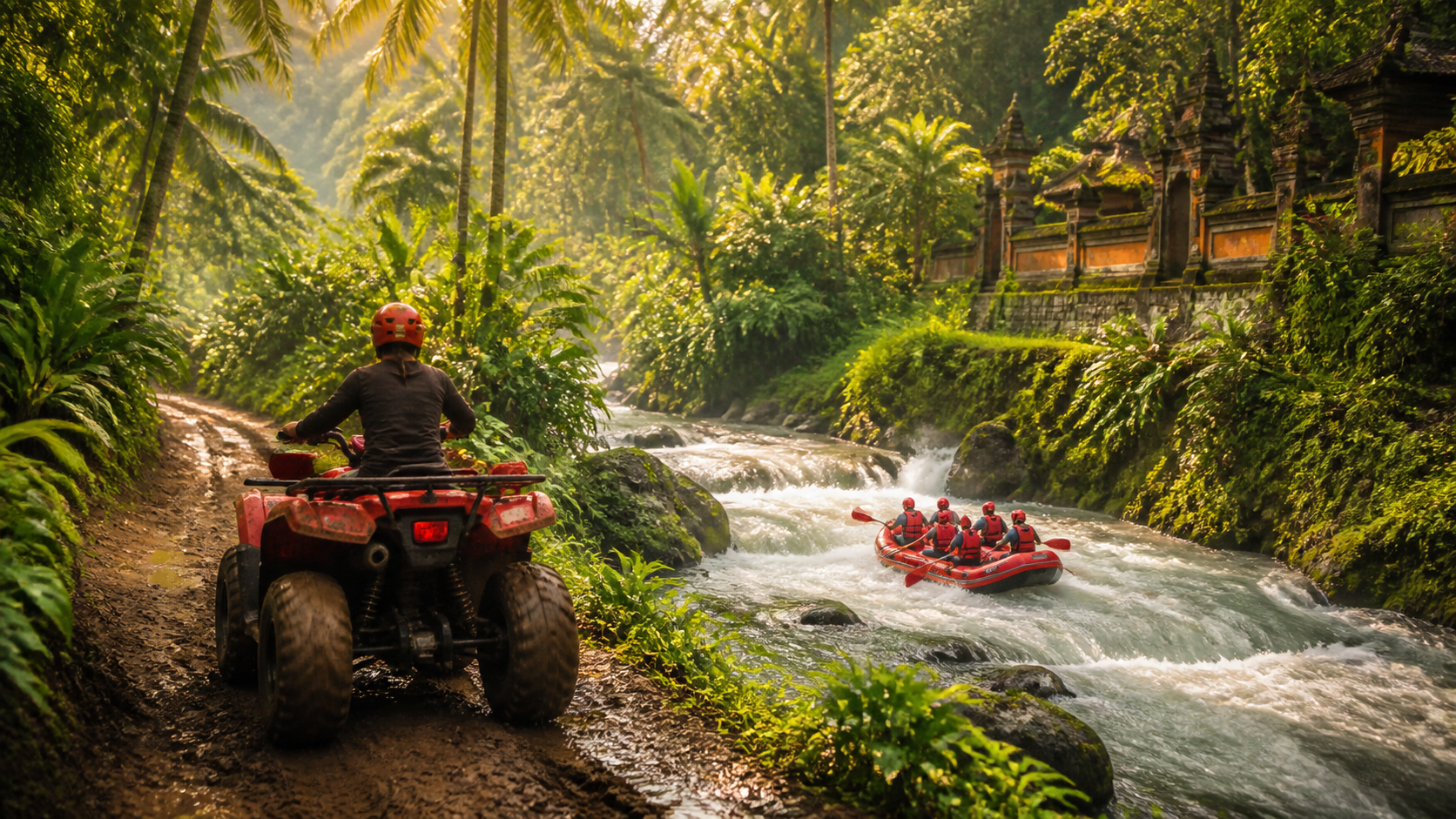 ATV quad biking and white water rafting in a Bali jungle
