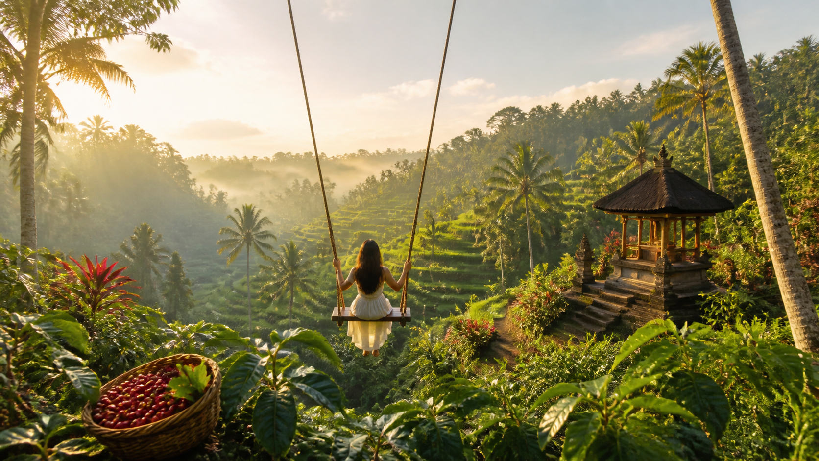 Bali swing over Ubud rice terraces with temple and coffee plants